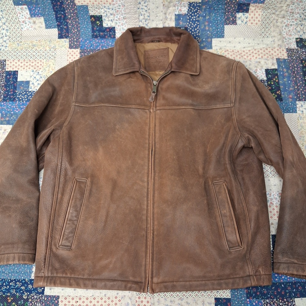 Dockers Leather Jacket Mens Large Brown Full Zip Quilted Lined Distressed Bomber